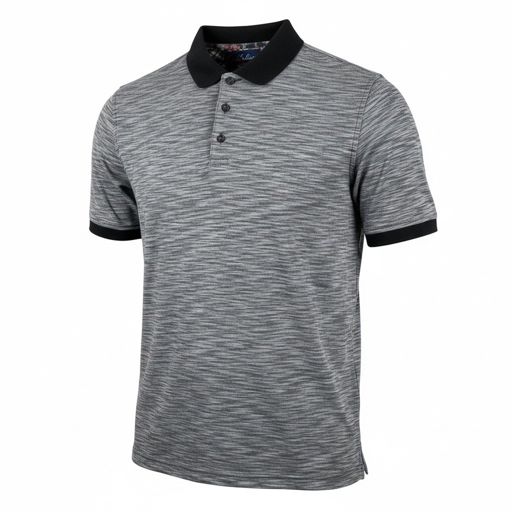 Robert Graham Mens Grey Space Dye Polo Shirt Classic Fit Black Collar Cotton L